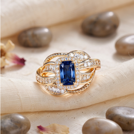 Royal Sapphire Leaf and Halo Statement Ring