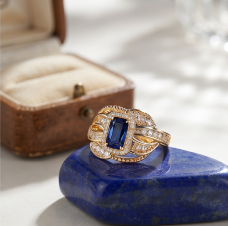 Royal Sapphire Leaf and Halo Statement Ring