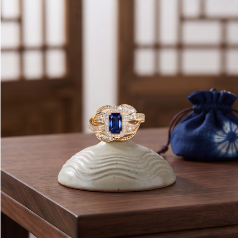 Royal Sapphire Leaf and Halo Statement Ring