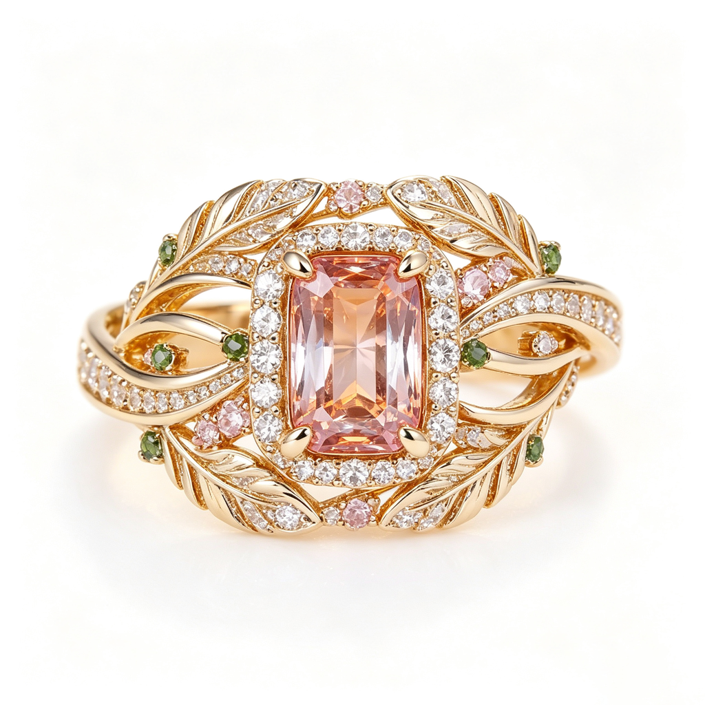 Enchanted Peach Topaz and Botanical Wreath Ring