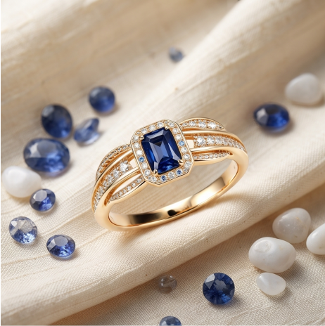 Regal Sapphire Emerald-Cut Halo Ring