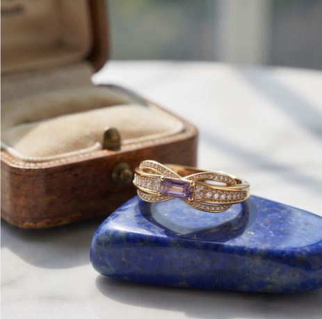 Lavender Baguette and Pavé Crossover Ring