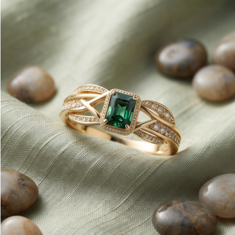 Regal Emerald-Cut Green Tourmaline Halo Ring