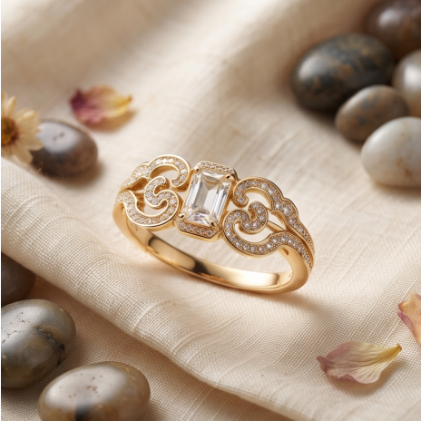 Baroque Scroll Emerald-Cut Statement Ring