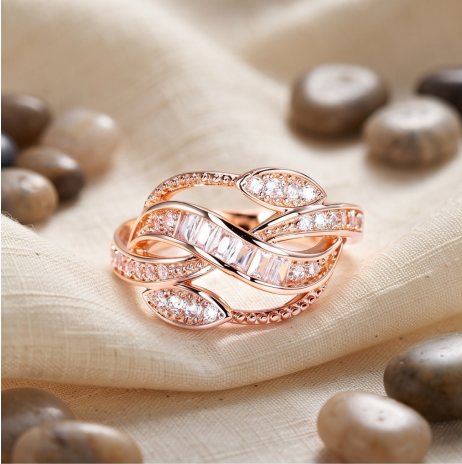 Luminous Baguette Leaf Crossover Ring