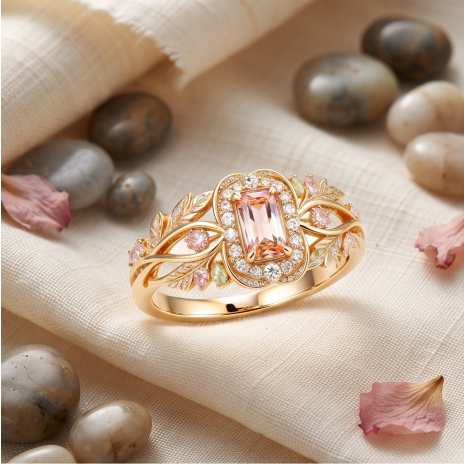 Peach Topaz and Botanical Halo Ring
