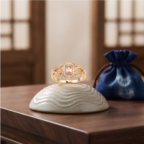 Peach Topaz and Botanical Halo Ring