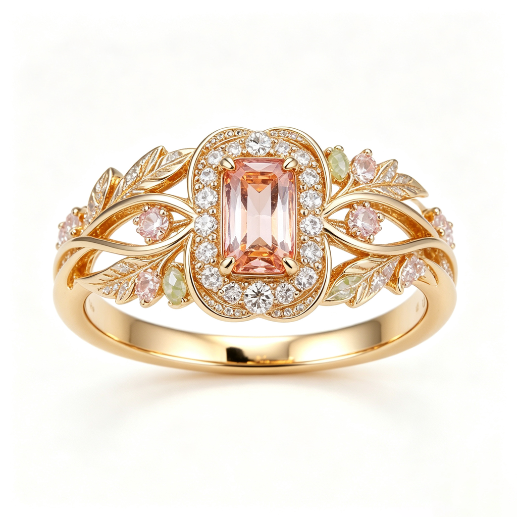 Peach Topaz and Botanical Halo Ring